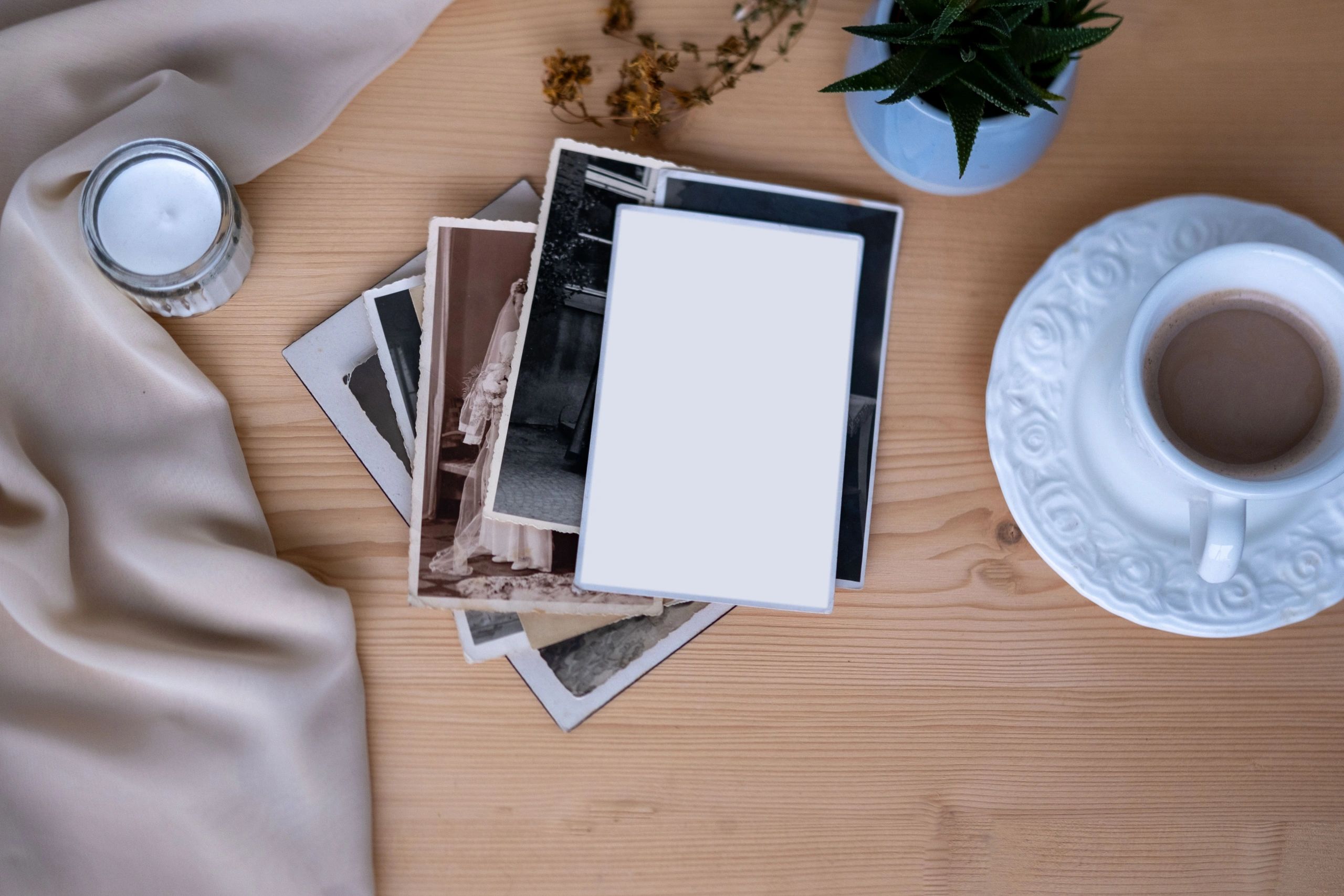 Vintage photo album on a wooden table